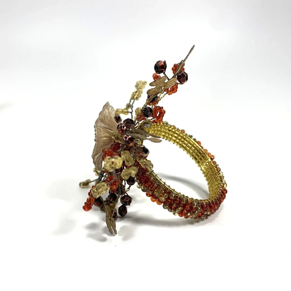 Vintage Pier 1 Napkin Rings Gold Tone Metal Floral Red & Gold Beaded -Set Of 8